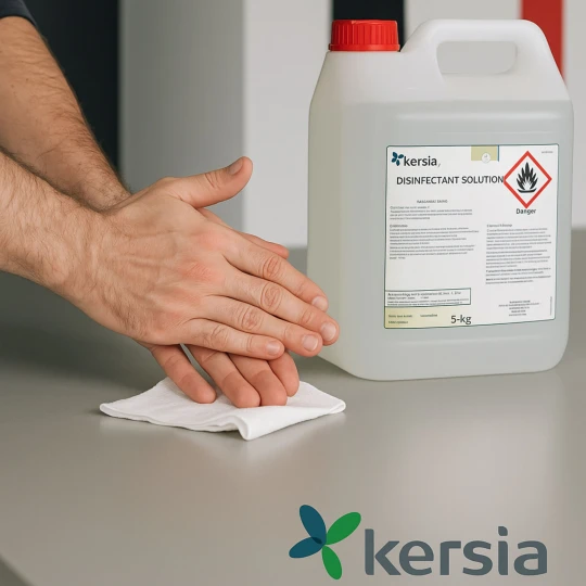 Męskie dłonie dezynfekujące ręce środkiem DISINFECTANT SOLUTION 5L – realistyczna butelka 5L obok, dezynfekcja rąk bez rękawiczek, higiena i ochrona przed wirusami i bakteriami.