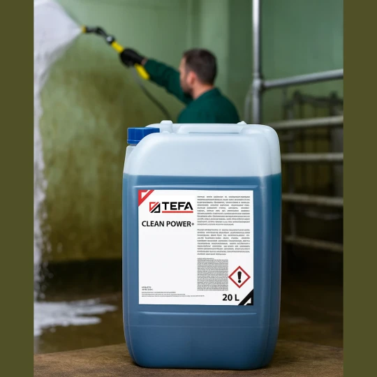 TEFA Clean Power 20 L – ekologiczny preparat do mycia pomieszczeń inwentarskich. Butelka umieszczona na tle korytarza w czystym kurnikuoborze, z osobą aplikującą pianę czyszczącą na ścianę lub podłogę