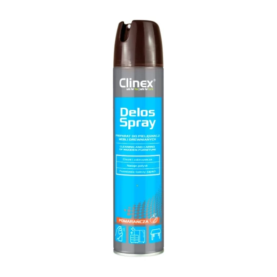 Clinex Delos Spray, preparat w aerozolu do pielęgnacji mebli drewnianych, laminowanych i fornirowanych o zapachu pomarańczy.