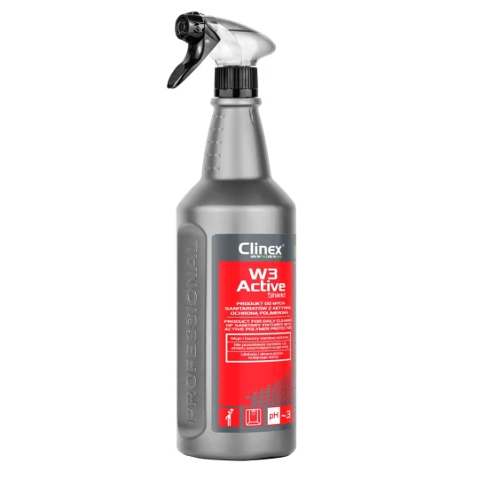 Clinex W3 Active Shield, płyn do mycia sanitariatów z powłoką polimerową, chroni przed kamieniem i osadami, ułatwia sprzątanie łazienki.