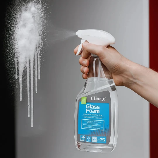 Clinex Glass Foam, profesjonalny pianowy płyn do mycia szyb i luster, nie pozostawia smug, z właściwościami antystatycznymi.