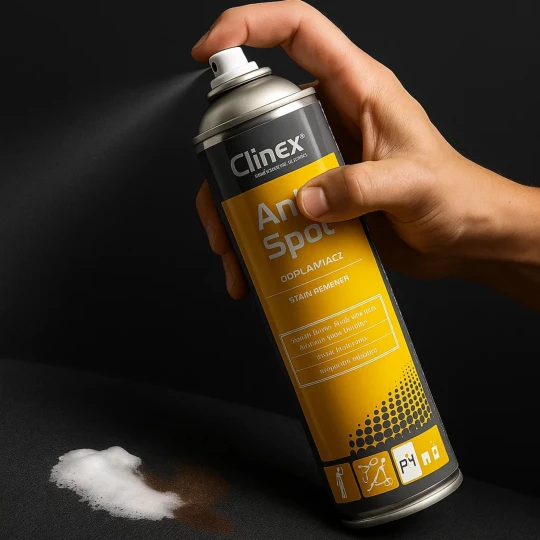 Clinex Anti Spot, profesjonalny odplamiacz w sprayu do dywanów i tapicerki, usuwa plamy z kawy, wina i tłuszczu.