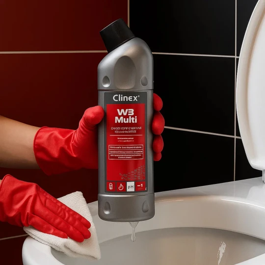Najlepsza opcja pod SEO: Clinex W3 Multi 1L, profesjonalny żel do mycia muszli klozetowych i sanitariatów, usuwa kamień, rdzę i osady z mydła.