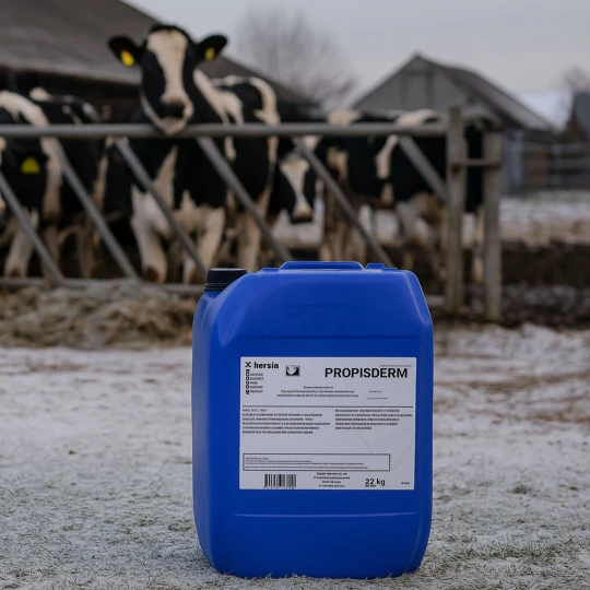 Preparat PROPISDERM 10 KG w opakowaniu, ustawiony na tle zimowego gospodarstwa z mroźnym klimatem