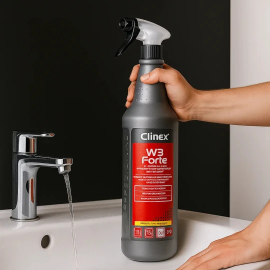 Clinex W3 Forte 1L, kwaśny płyn w sprayu do mycia sanitariatów i łazienek, usuwa kamień, rdzę i osady z mydła.