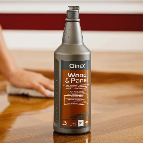 Clinex Woodpanel 1L, profesjonalny płyn do mycia podłóg drewnianych, laminowanych i lakierowanych, odżywia i chroni drewno.