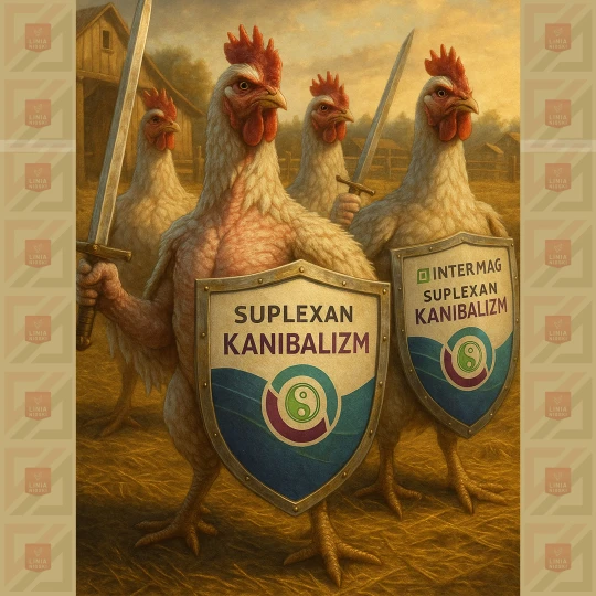 Wyskubane kury trzymające tarcze i miecze z logo INTERMAG Suplexan Kanibalizm, symbol ochrony przed kanibalizmem w kurach nieśnych, realistyczna scena farmy
