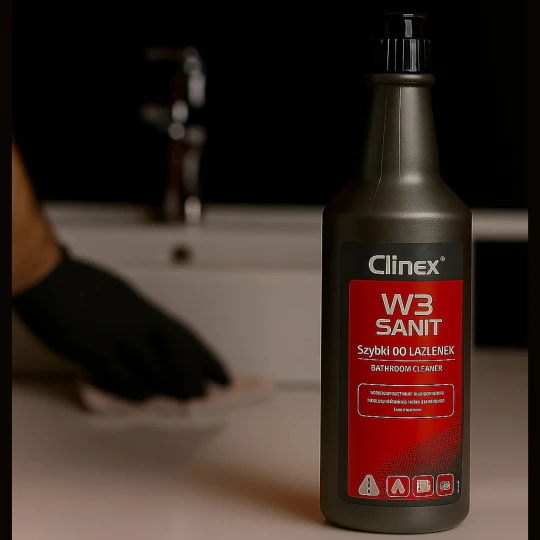 Clinex W3 Sanit 1L, skoncentrowany płyn do codziennego mycia łazienek i sanitariatów, usuwa zabrudzenia i nadaje połysk bez smug.