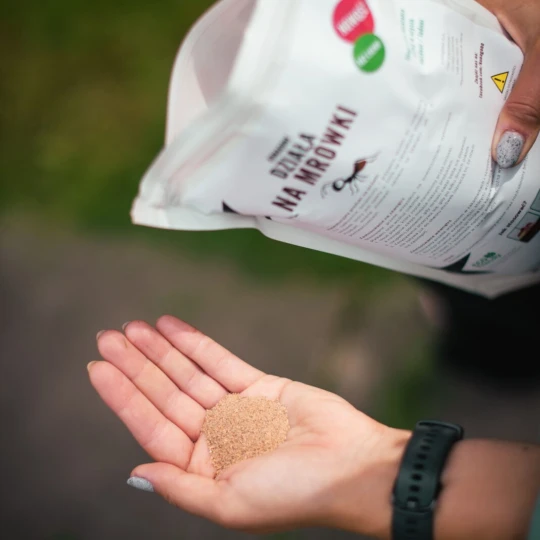 Kunagone na mrówki 2kg, naturalny granulat do odstraszania mrówek, widok na granulat trzymany w dłoni.