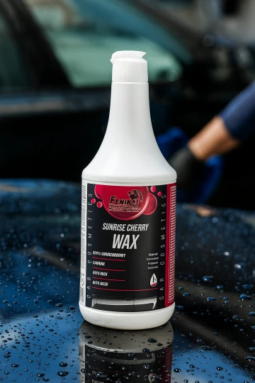 Butelka wosku do nabłyszczania lakieru FCC Sunrise Cherry Wax 1L stoi na lśniącej masce czarnego samochodu, co ukazuje przeznaczenie produktu do pielęgnacji i zabezpieczania karoserii.