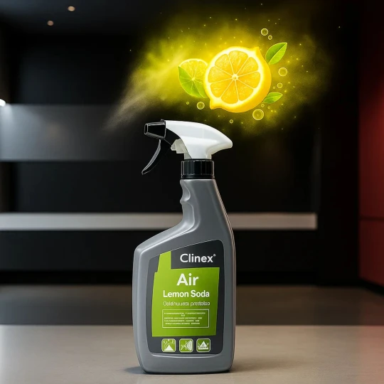 Butelka odświeżacza powietrza Clinex Air Lemon Soda w sprayu, trzymana w dłoni w nowoczesnej łazience.