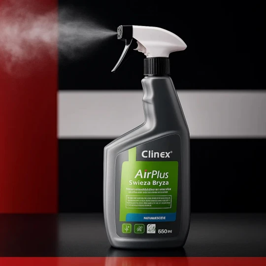 Butelka profesjonalnego neutralizatora zapachów Clinex Air Plus Świeża Bryza w sprayu, trzymana w dłoni i używana w biurze.