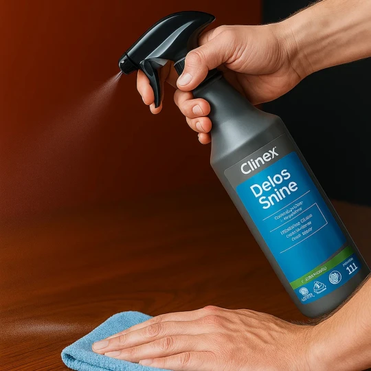 Ręka trzyma butelkę Clinex Delos Shine, która jest używana do czyszczenia drewnianych mebli.