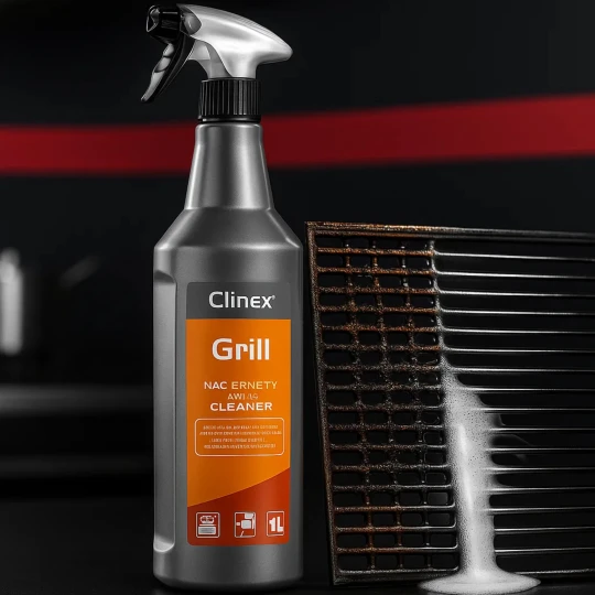 Butelka środka do czyszczenia grilla Clinex Grill stojąca obok brudnego rusztu, na którym widoczna jest piana działająca na przypalone zabrudzenia.