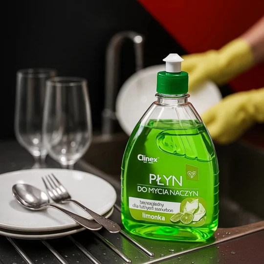 Butelka mydła w płynie Clinex HandWash Kuchnia z limonką, stojąca na czarnym blacie w kuchni obok umytych naczyń.