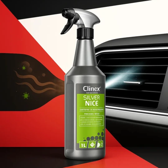 Butelka płynu Clinex Nano Protect Nice, używana do odświeżenia klimatyzacji w samochodzie.