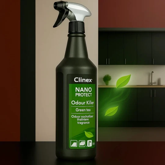 Butelka Clinex Nano Protect Odour Killer Green Tea 1l, stojąca w kuchni na blacie, z zielonymi liśćmi w powietrzu.