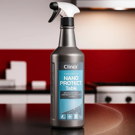 Butelka Clinex Nano Protect Table stoi na czystym i błyszczącym blacie w kuchni.