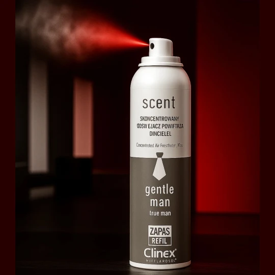 Butelka odświeżacza powietrza Clinex Scent Gentleman, używana do odświeżania wnętrza pomieszczenia..