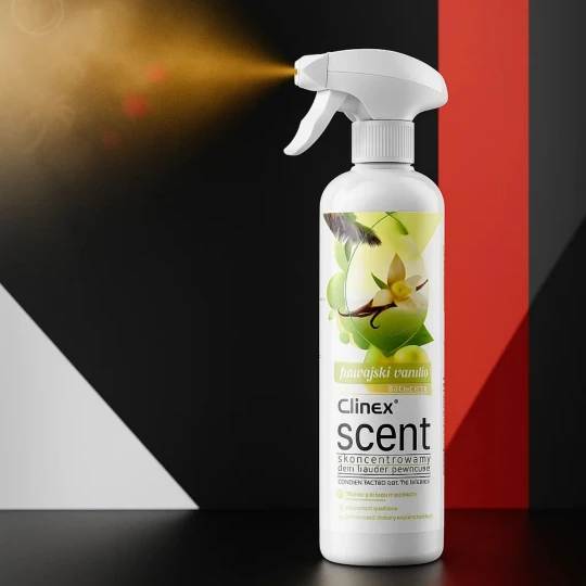 Butelka odświeżacza powietrza Clinex Scent Hawajska Wanilia, używana do rozpylania mgiełki w pomieszczeniu.