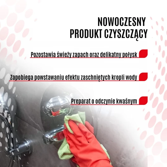 Ręka w czerwonej rękawiczce czyści element prysznica zieloną ścierką, wyżej wypisane zalety płynu CLINEX W3 Active SHIELD.