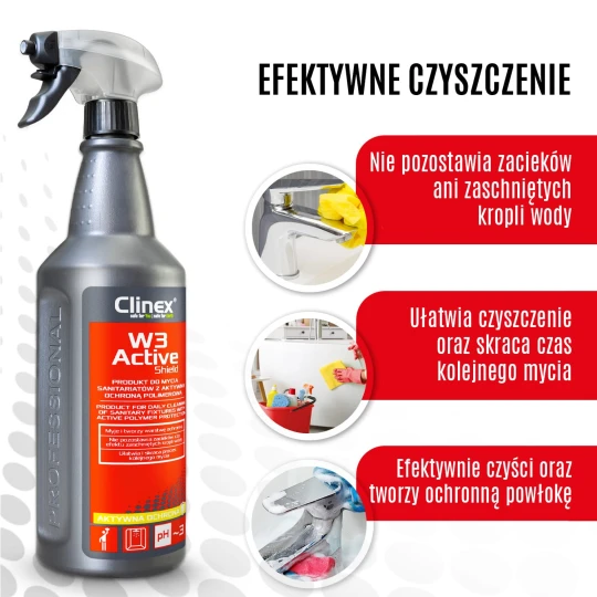Butelka CLINEX W3 Active SHIELD, obok wypisane zalety płynu do sanitariów.