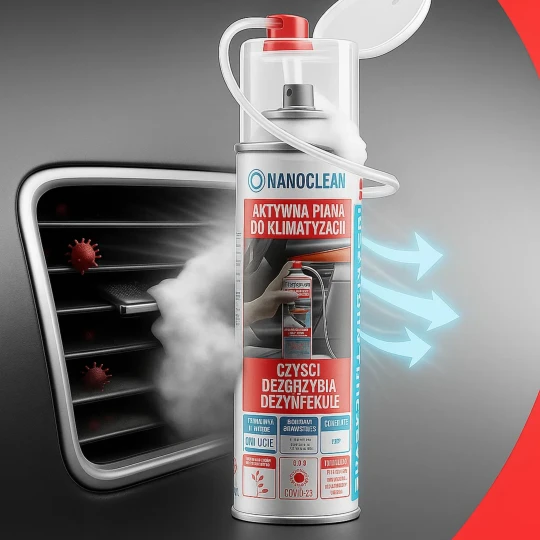 Butelka preparatu Nanoclean AC8, przeznaczonego do czyszczenia i odgrzybiania wentylacji samochodowej, stoi na tle spienionego nawiewu samochodowego.