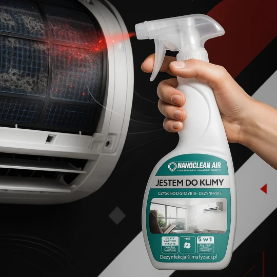 Ręka w niebieskiej rękawiczce spryskuje brudną kratkę wentylacyjną niebieską butelką NANOCLEAN Air 4HOME, ukazując już czysty, odświeżony obszar klimatyzacji.
