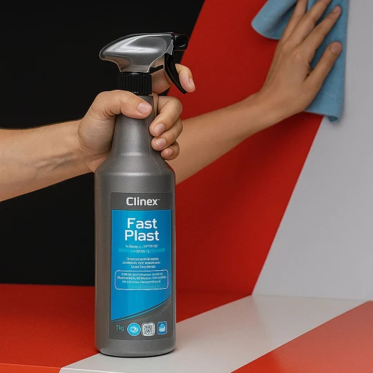 Ręka trzyma butelkę z atomizerem preparatu Clinex FastPlast, a w tle druga dłoń czyści szmatką kawałek plastiku, co ukazuje sposób użycia produktu.