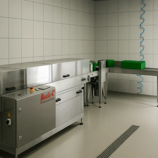 Zdjęcie przedstawia myjkę Inline Traywasher w oryginalnym wyglądzie, ustawioną w poprawionym, realistycznym otoczeniu hali produkcyjnej. Oświetlenie i tło zostały dopracowane, aby całość wyglądała profesjonalnie i oddawała rzeczywiste kolory maszyny.