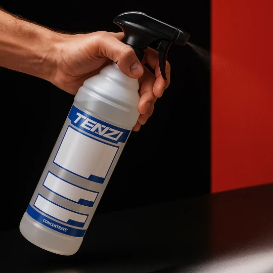 Ręka spryskuje czarny blat butelką do roztworów ze spryskiwaczem TENZI, co ukazuje sposób użycia butelki..