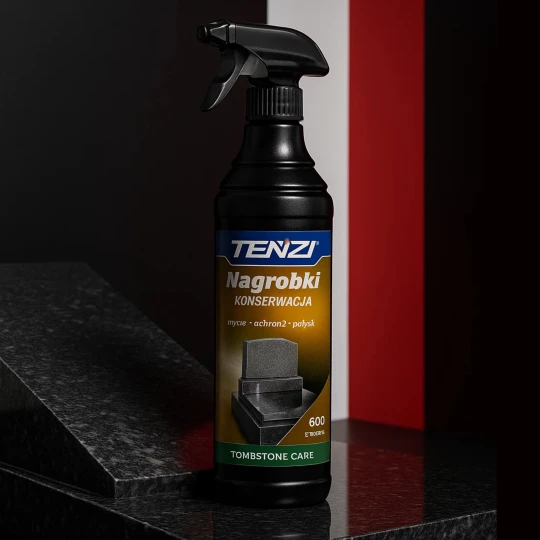 Butelka płynu do konserwacji nagrobków TENZI Nagrobki Konserwacja o pojemności 600 ml stoi na kamieniu nagrobkowym, co ukazuje przeznaczenie produktu.