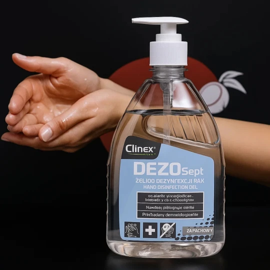 Butelka płynu do dezynfekcji rąk Clinex Dezosept o pojemności 500 ml stoi, podczas gdy w tle ktoś myje dwie dłonie, co ukazuje przeznaczenie produktu.