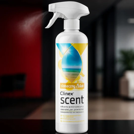 Butelka odświeżacza powietrza Clinex Scent Słoneczny Dzień o pojemności 500 ml stoi na stole w salonie, co podkreśla, że produkt jest przeznaczony do wnętrz mieszkalnych.