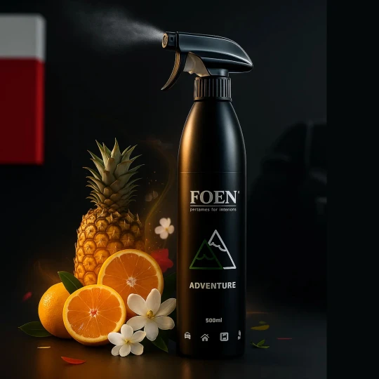 Butelka odświeżacza powietrza FOEN Adventura o pojemności 200ml stoi obok egzotycznych owoców, co ma na celu wizualne przedstawienie jego owocowego, świeżego zapachu.