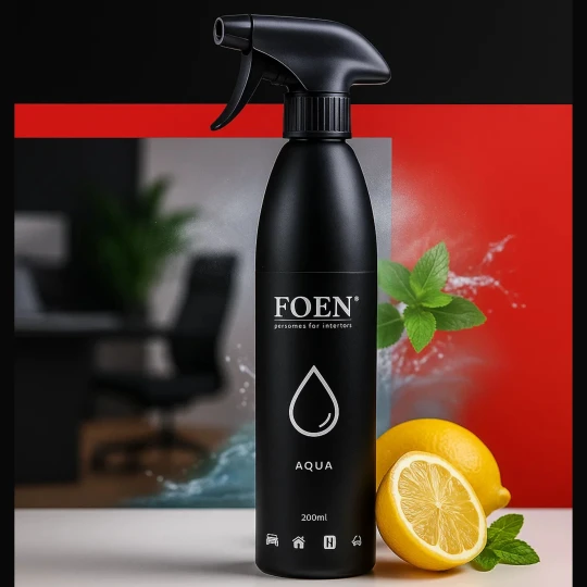 Butelka odświeżacza powietrza FOEN Aqua o pojemności 200 ml stoi obok liści mięty i cytryny na tle rozpryskującej się wody, co symbolizuje świeży, wodny zapach.