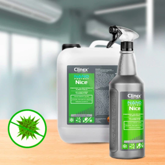 Butelka CLINEX Nano Protect Silver Nice 1L oraz baniak CLINEX Nano Protect Silver Nice 5L stoją obok siebie na tle klimatyzacji, a w lewym dolnym rogu widoczny jest przekreślony obrazek wirusa, co symbolizuje, że produkt jest dostępny w dwóch pojemno