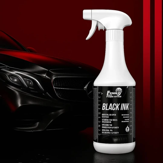 Butelka preparatu do pielęgnacji czarnego lakieru FCC Black Ink o pojemności 1 litra stoi obok czarnego samochodu, co podkreśla przeznaczenie produktu.