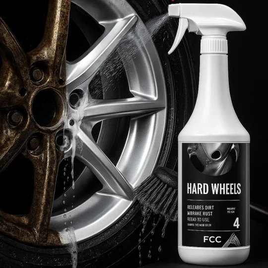 Butelka płynu do mycia felg i opon FCC Hard Wheel o pojemności 1 litra stoi obok opony, która jest w połowie brudna, a w połowie czysta, co ilustruje skuteczność produktu w czyszczeniu felg i opon.