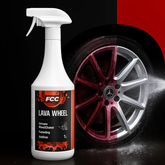 Butelka płynu do czyszczenia felg FCC Lava Wheel Cleaner o pojemności 1 litra stoi obok opony, na której widoczny jest czerwony, spływający płyn, co ukazuje efekt 