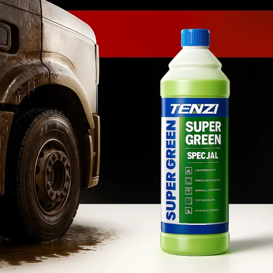 Butelka szamponu do mycia ciężarówek TENZI Super Green Special o pojemności 1 litra stoi obok ciężarówki, która w połowie jest pokryta gęstą pianą, a w połowie czysta, co ilustruje skuteczność produktu w myciu dużych pojazdów.