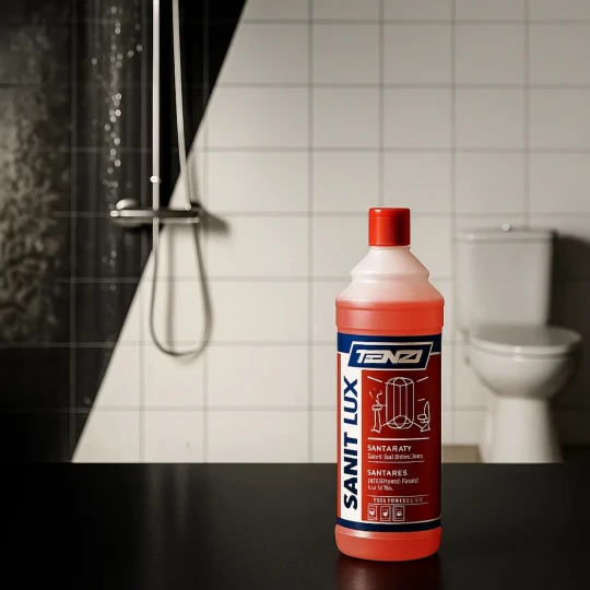 Butelka profesjonalnego preparatu do mycia łazienek TENZI Sanit Lux 1L stoi w łazience przed lśniącą, czystą kabiną prysznicową i toaletą, co ukazuje skuteczność produktu w czyszczeniu sanitariatów.