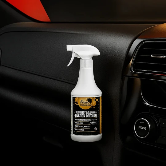 Butelka preparatu do pielęgnacji wnętrza samochodu FCC Coconut & Vanilla Interior Dressing o pojemności 1 litra stoi na tle kokpitu, co ukazuje przeznaczenie produktu do czyszczenia i nabłyszczania deski rozdzielczej i plastików.