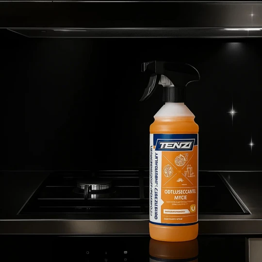 Butelka uniwersalnego odtłuszczacza TENZI Odtłuszczacz Uniwersalny o pojemności 1 litra stoi na lśniącej kuchence gazowej, co ukazuje przeznaczenie produktu do czyszczenia powierzchni kuchennych.