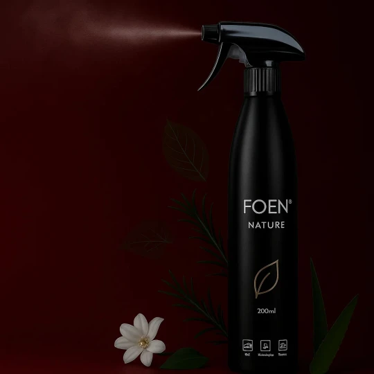 Butelka odświeżacza powietrza FOEN Nature 200ml jest używana do spryskiwania, a obok leży biały kwiatek, co symbolizuje świeży, naturalny zapach produktu.