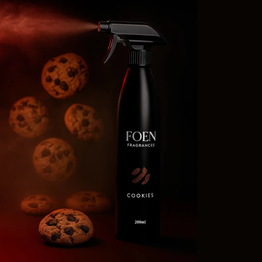 Butelka odświeżacza powietrza FOEN Cookies jest używana do spryskiwania, a obok niej pojawiają się ciastka z kawałkami czekolady, co symbolizuje słodki, ciasteczkowy zapach produktu.