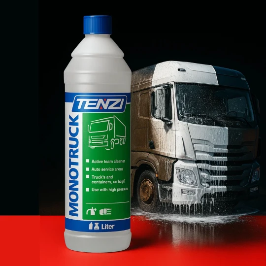 Butelka profesjonalnego preparatu do mycia ciężarówek TENZI Mono Truck o pojemności 1 litra stoi obok ciężarówki, która w połowie jest brudna, a w połowie czysta, co ilustruje skuteczność produktu w usuwaniu zanieczyszczeń.