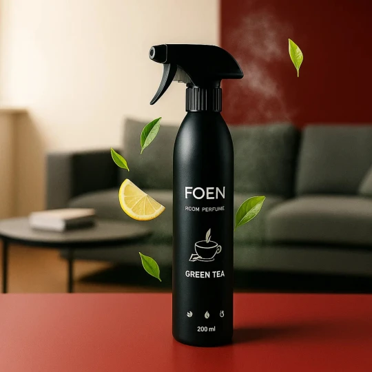 Butelka odświeżacza powietrza FOEN Green Tea stoi w salonie, a wokół niej unoszą się liście i cytryny, co symbolizuje świeży, zielony i cytrusowy zapach produktu.