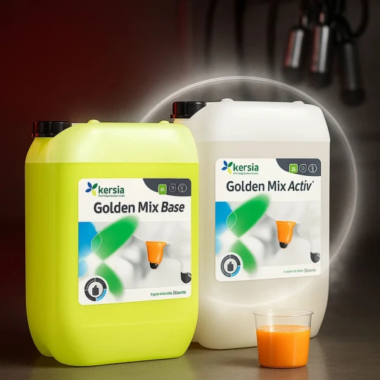 Dwa baniaki profesjonalnych preparatów rolniczych, Kersia Golden Mix Base 10kg i Kersia Golden Mix Activ 10kg, stoją obok siebie w oborze, co ukazuje, że są to dwa komponenty produktu przeznaczonego do stosowania w gospodarstwach rolnych.