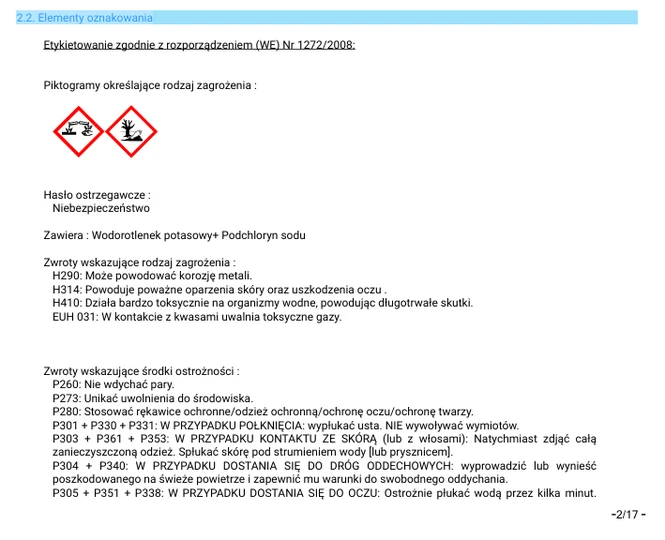 Karta charakterystyki Kersia HYPROCLOR PLUS – sekcja 2 z informacjami o zagrożeniach, bezpieczeństwie stosowania oraz piktogramami produktu